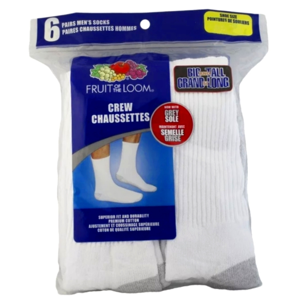 NEW! Fruit of the Loom Men's Core Crew Socks  White 6 Pairs size 12-16